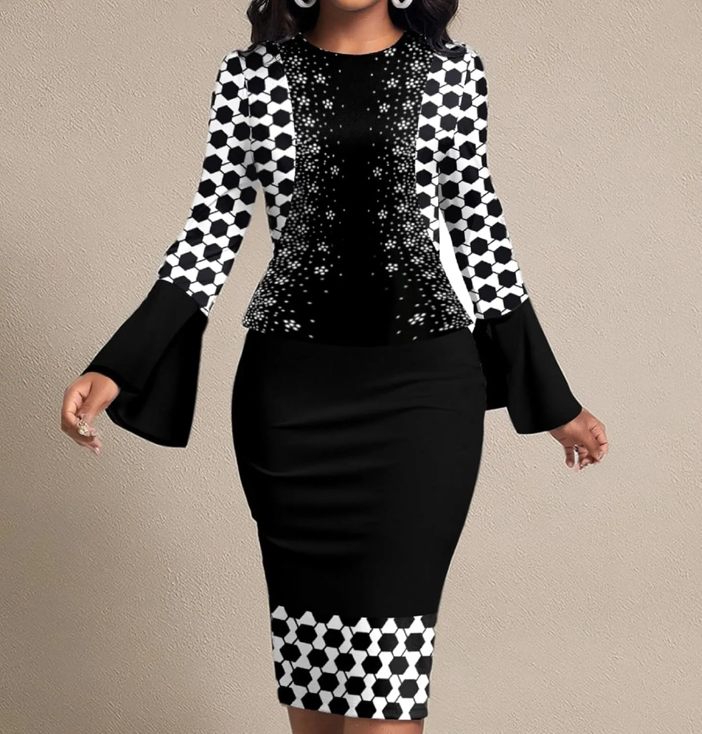 Xinlees Women's Bodycon Pencil Dress with Bell Sleeves Elegant and Versatile Casual Sheath Dress