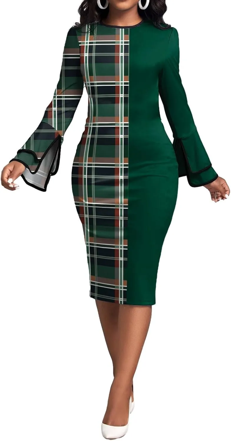 Xinlees Women's Bodycon Pencil Dress with Bell Sleeves Elegant and Versatile Casual Sheath Dress