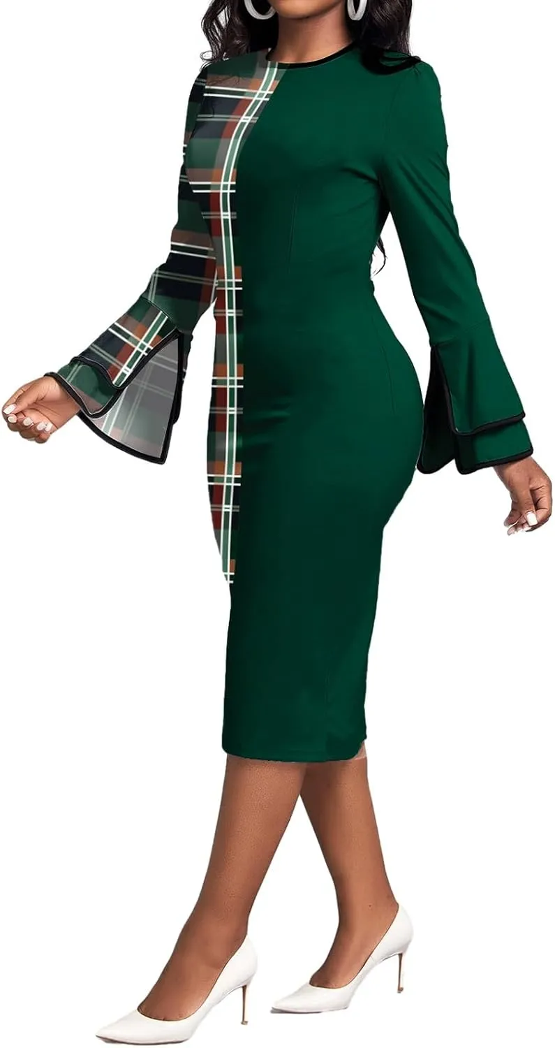 Xinlees Women's Bodycon Pencil Dress with Bell Sleeves Elegant and Versatile Casual Sheath Dress
