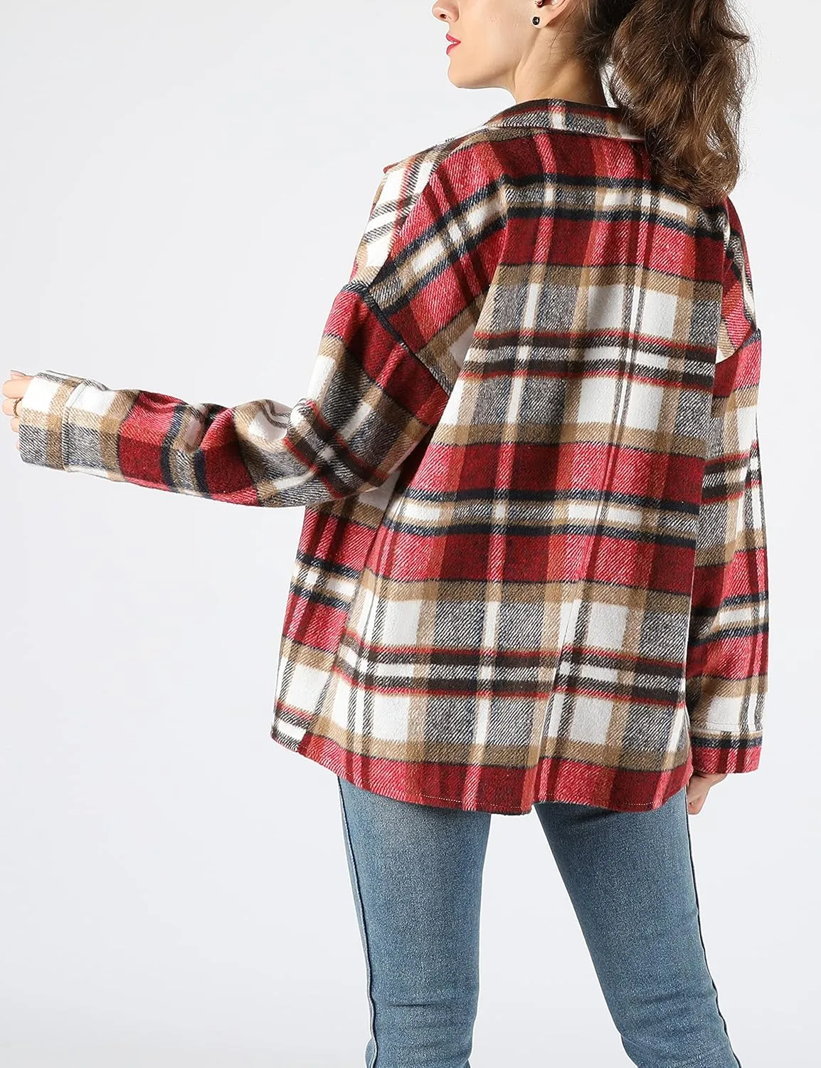 Yeokou Women's Fall Color Block Plaid Flannel Shacket Jacket Button Down Shirt Coat Tops