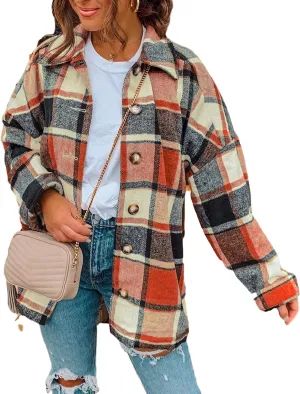 Yeokou Women's Fall Color Block Plaid Flannel Shacket Jacket Button Down Shirt Coat Tops