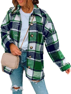 Yeokou Women's Fall Color Block Plaid Flannel Shacket Jacket Button Down Shirt Coat Tops