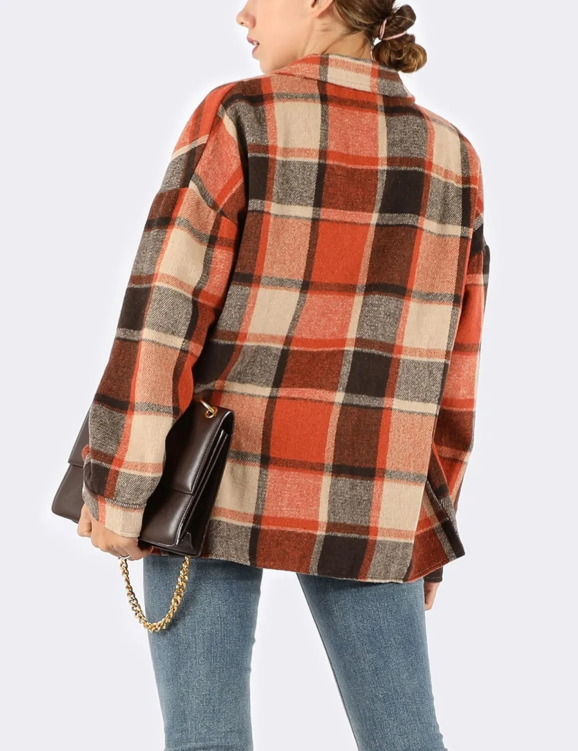 Yeokou Women's Fall Color Block Plaid Flannel Shacket Jacket Button Down Shirt Coat Tops