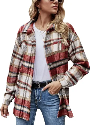 Yeokou Women's Fall Color Block Plaid Flannel Shacket Jacket Button Down Shirt Coat Tops