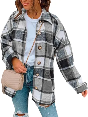 Yeokou Women's Fall Color Block Plaid Flannel Shacket Jacket Button Down Shirt Coat Tops