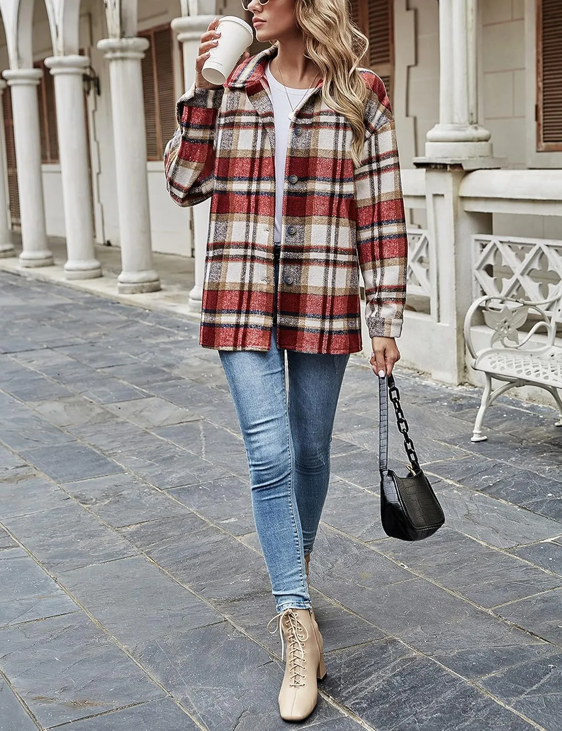 Yeokou Women's Fall Color Block Plaid Flannel Shacket Jacket Button Down Shirt Coat Tops