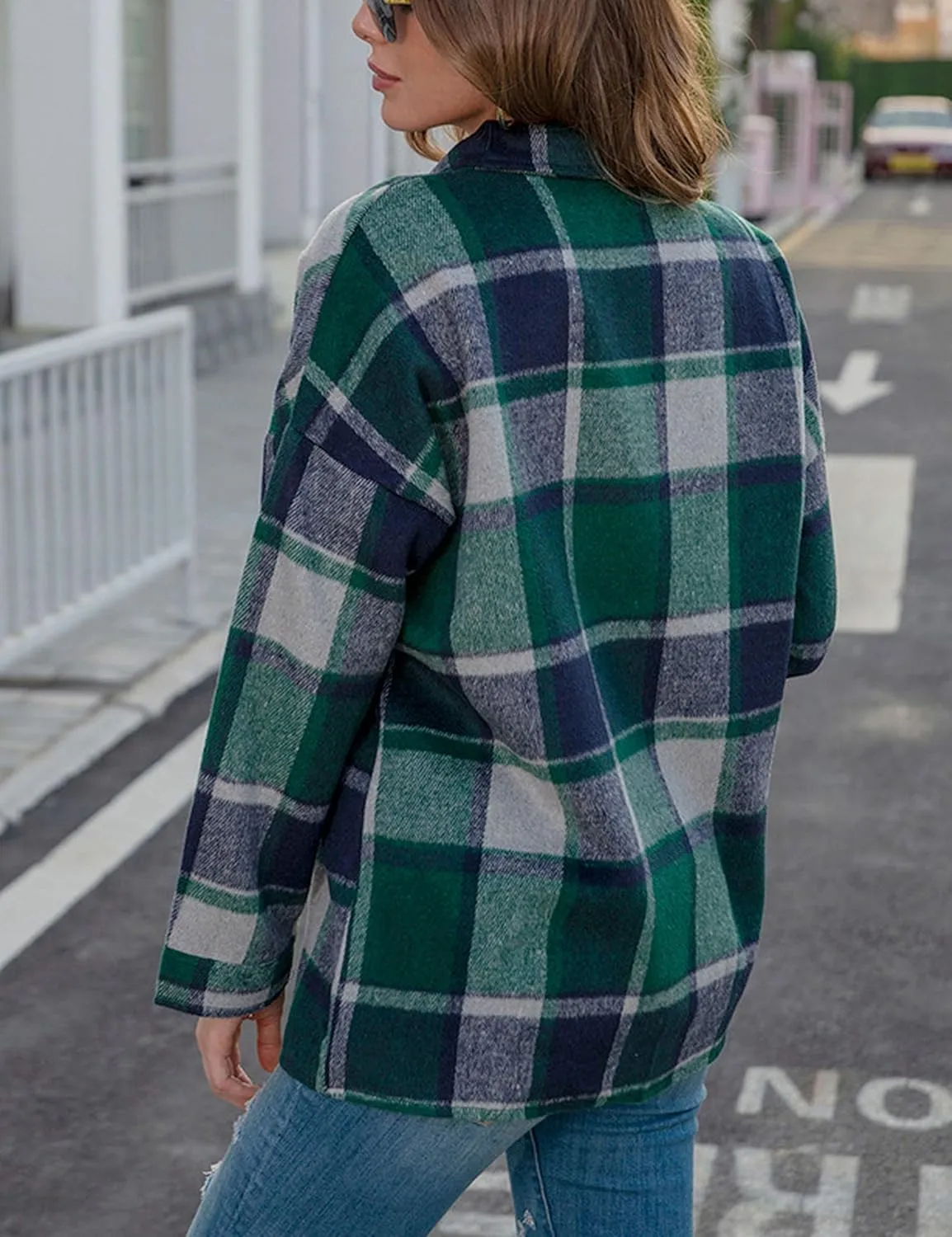 Yeokou Women's Fall Color Block Plaid Flannel Shacket Jacket Button Down Shirt Coat Tops