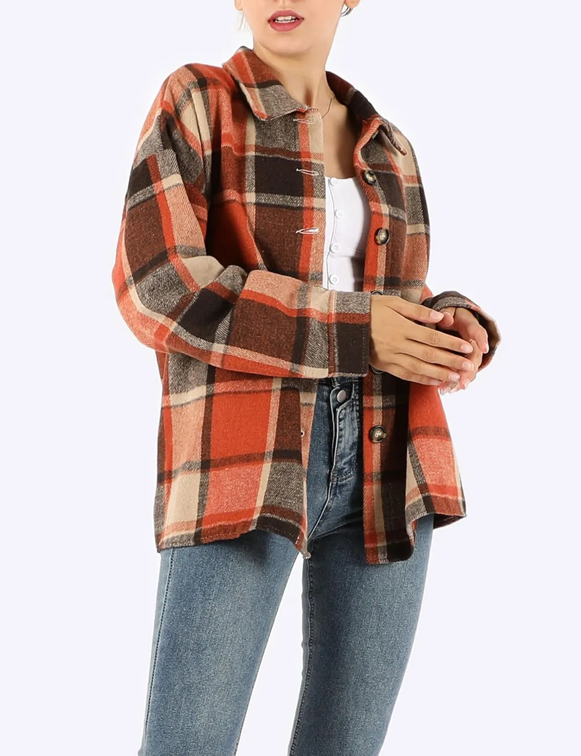 Yeokou Women's Fall Color Block Plaid Flannel Shacket Jacket Button Down Shirt Coat Tops