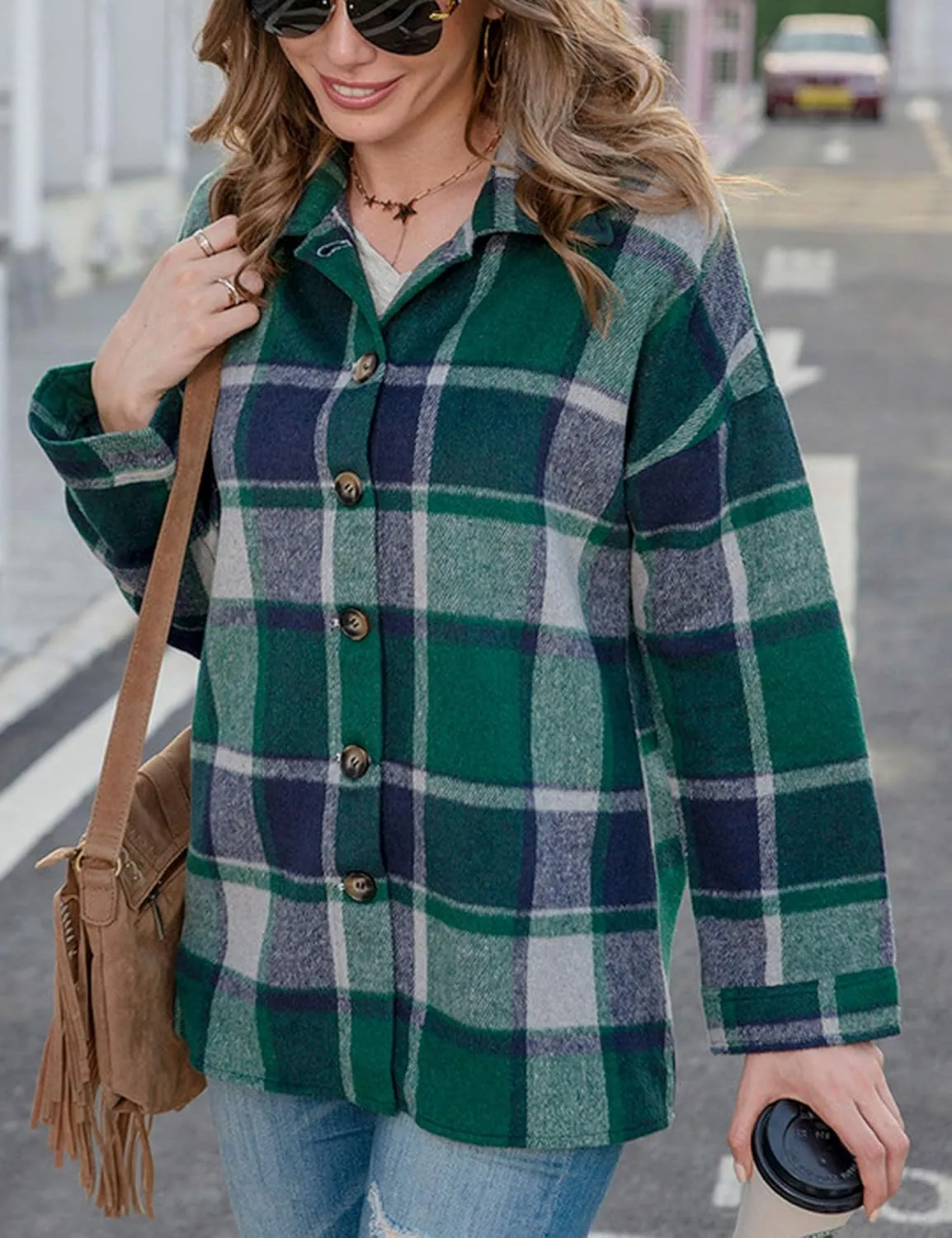 Yeokou Women's Fall Color Block Plaid Flannel Shacket Jacket Button Down Shirt Coat Tops