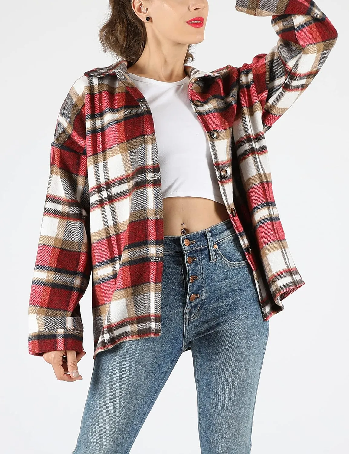 Yeokou Women's Fall Color Block Plaid Flannel Shacket Jacket Button Down Shirt Coat Tops