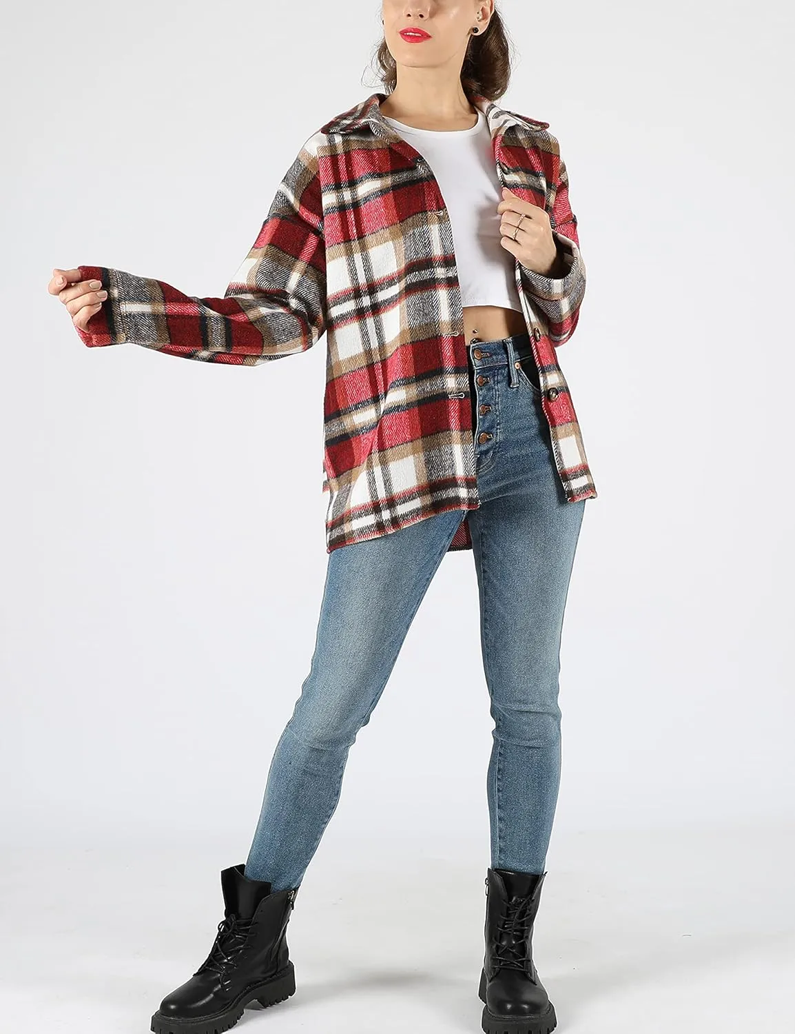 Yeokou Women's Fall Color Block Plaid Flannel Shacket Jacket Button Down Shirt Coat Tops