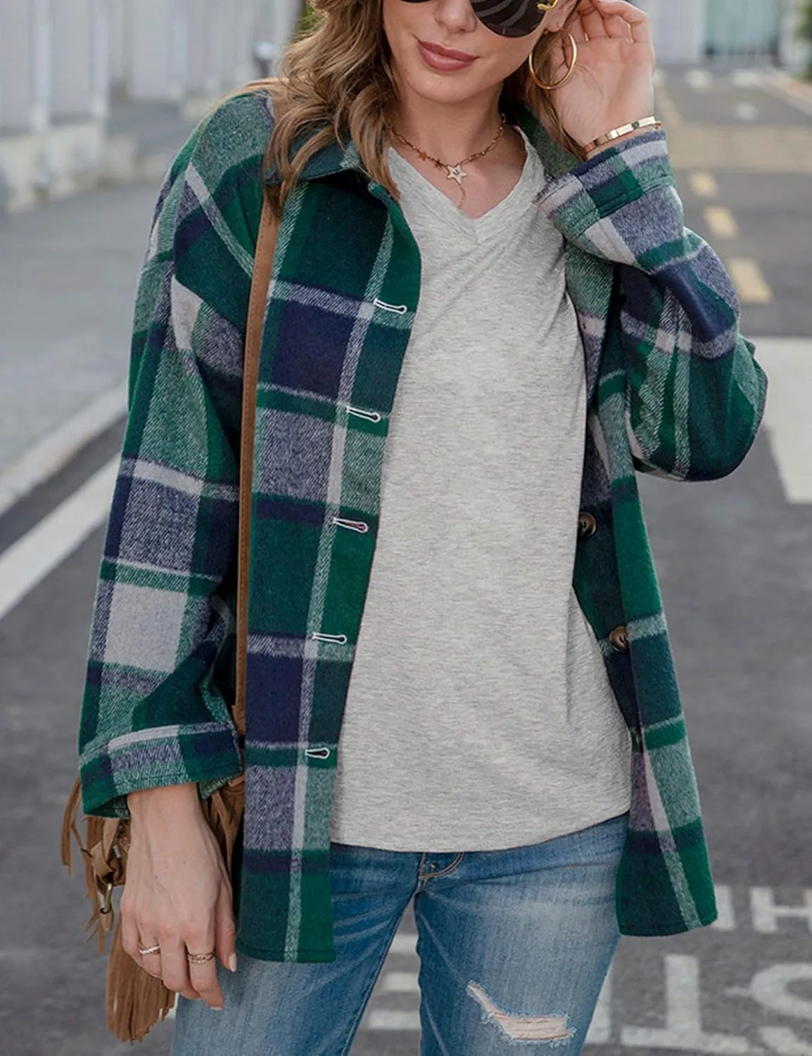 Yeokou Women's Fall Color Block Plaid Flannel Shacket Jacket Button Down Shirt Coat Tops