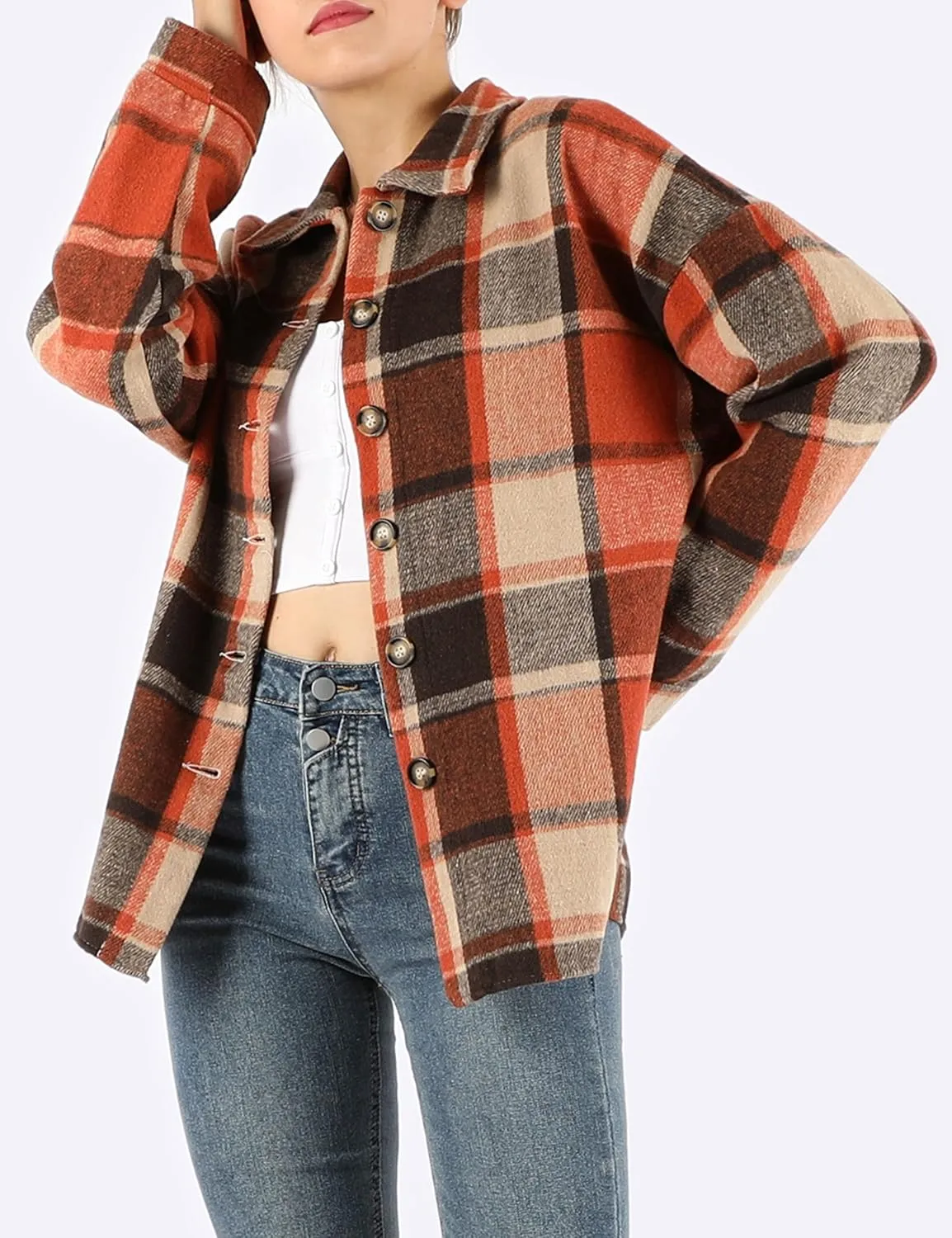 Yeokou Women's Fall Color Block Plaid Flannel Shacket Jacket Button Down Shirt Coat Tops