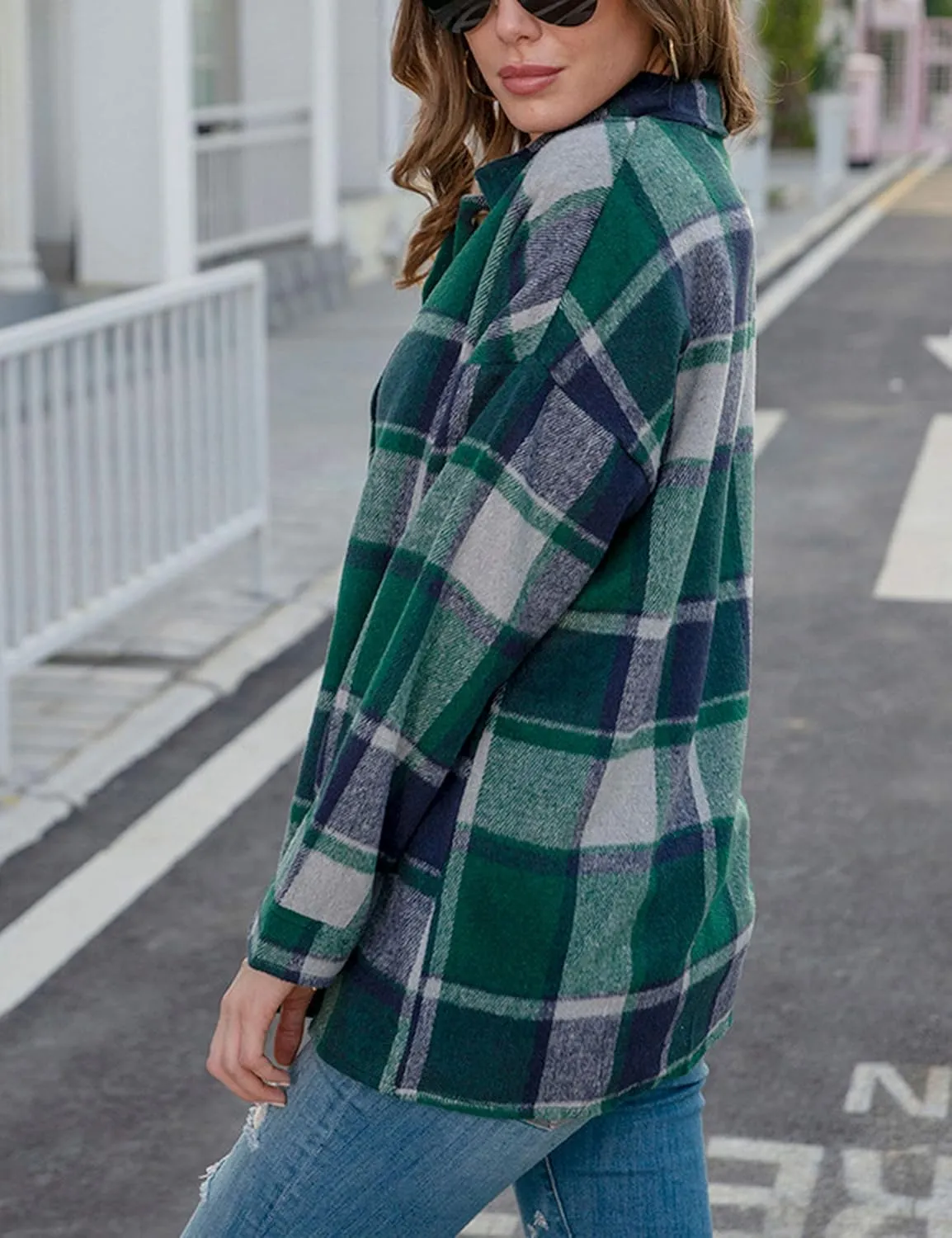 Yeokou Women's Fall Color Block Plaid Flannel Shacket Jacket Button Down Shirt Coat Tops