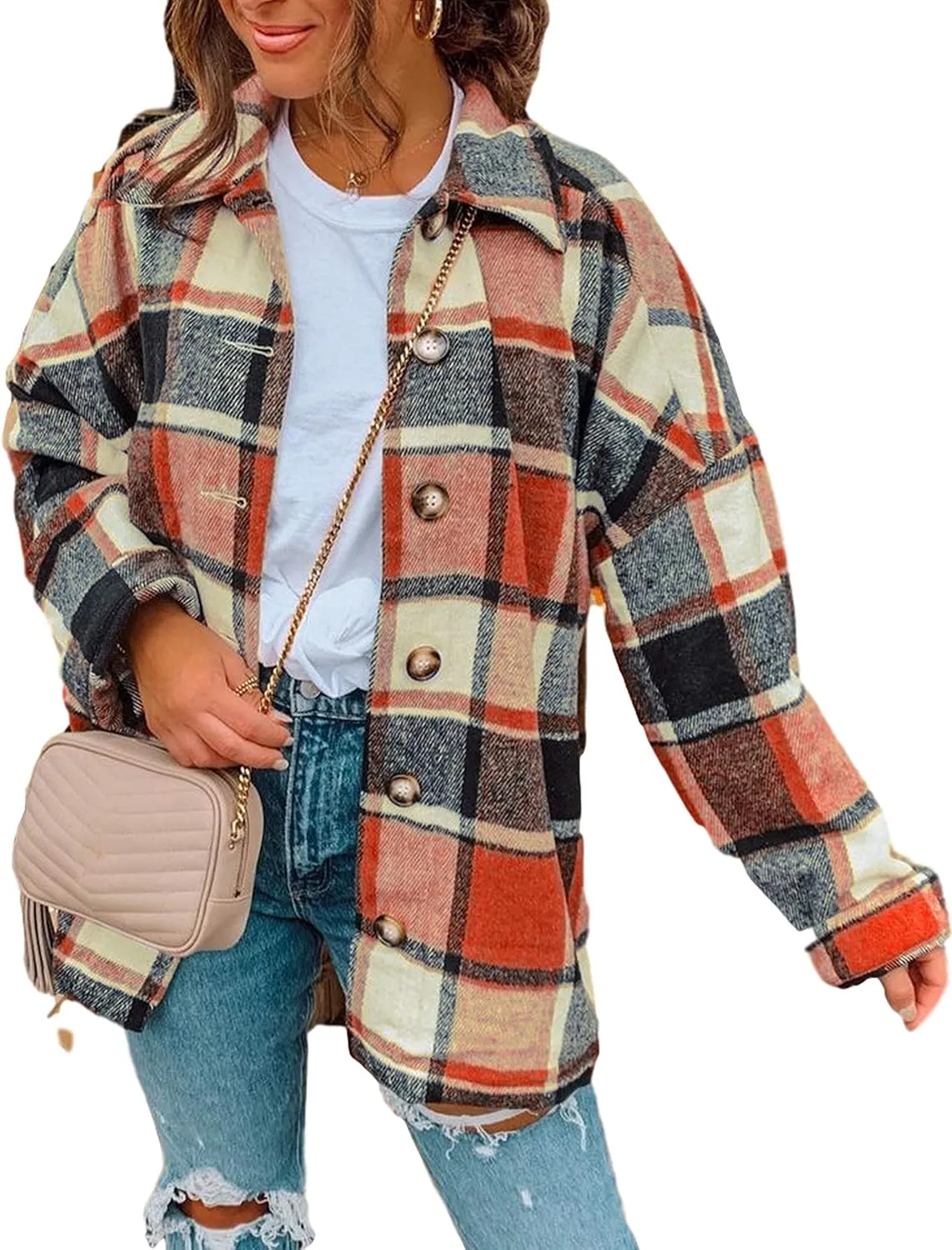 Yeokou Women's Fall Color Block Plaid Flannel Shacket Jacket Button Down Shirt Coat Tops
