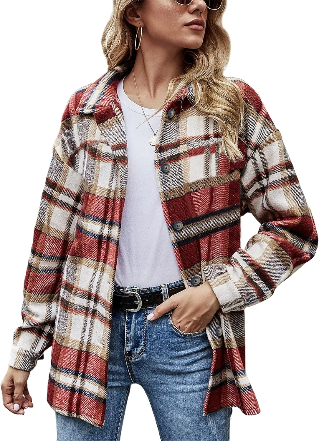 Yeokou Women's Fall Color Block Plaid Flannel Shacket Jacket Button Down Shirt Coat Tops