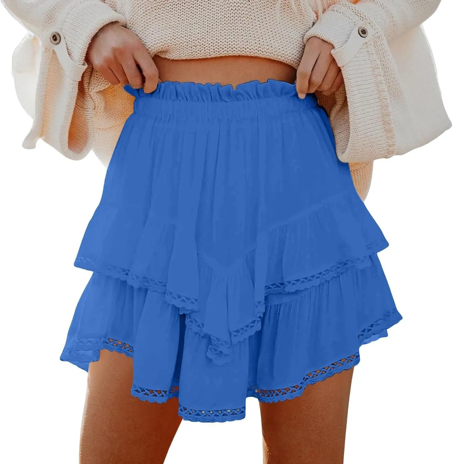 YFJRBR Womens Flowy Shorts High Waist Pleated Skirts Casual Boho Ruffle Tiered Skorts Cute Versatile Fashion