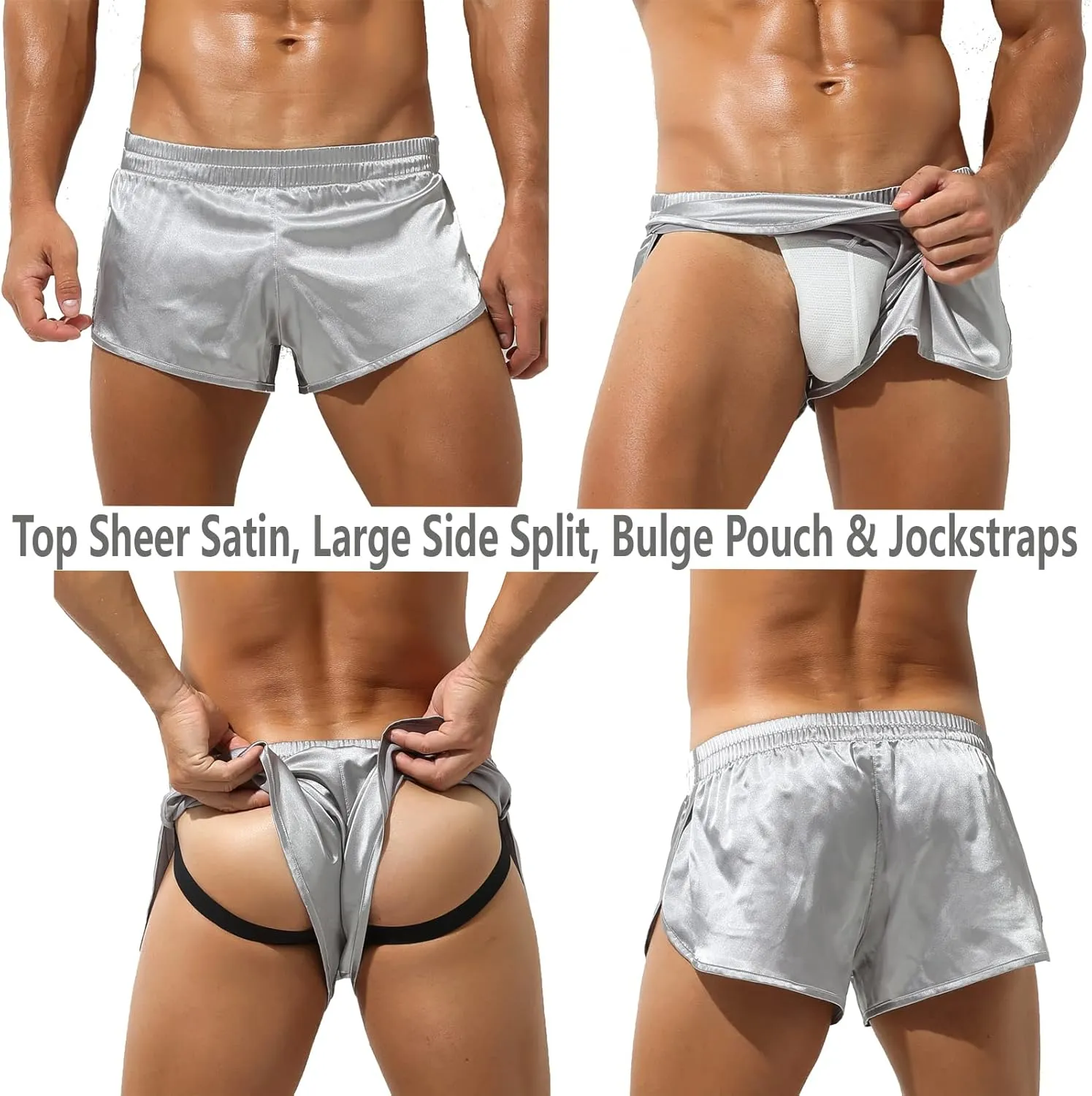 YUFEIDA Men's Athletic Supporters Silky Jockstrap Boxers Lightweight Active Shorts Large Side Split Satin Boxers
