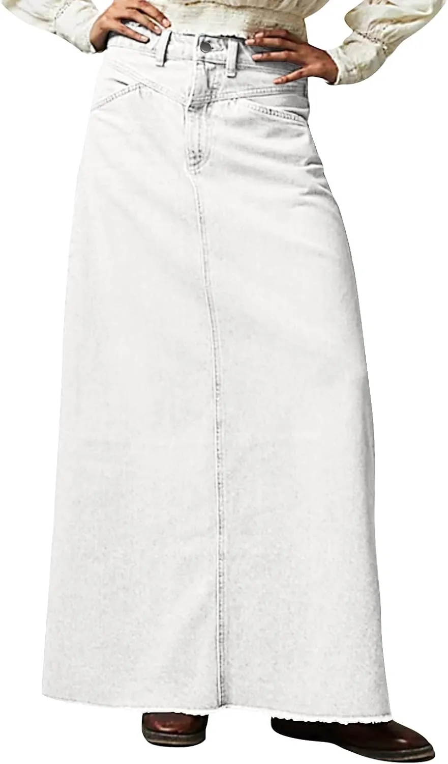 YUTANRAL Long Denim Skirt for Women Trendy Casual A-Line Maxi Skirt High Waisted Jean Skirt with Pockets