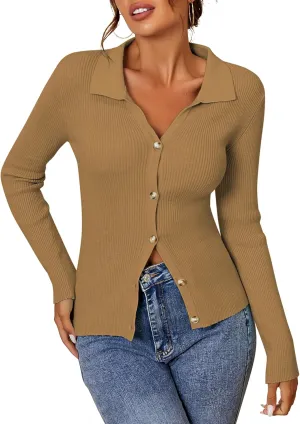 ZAFUL Women Long Sleeve Polo Sweater V Neck Button Down Ribbed Knit Cardigan Top
