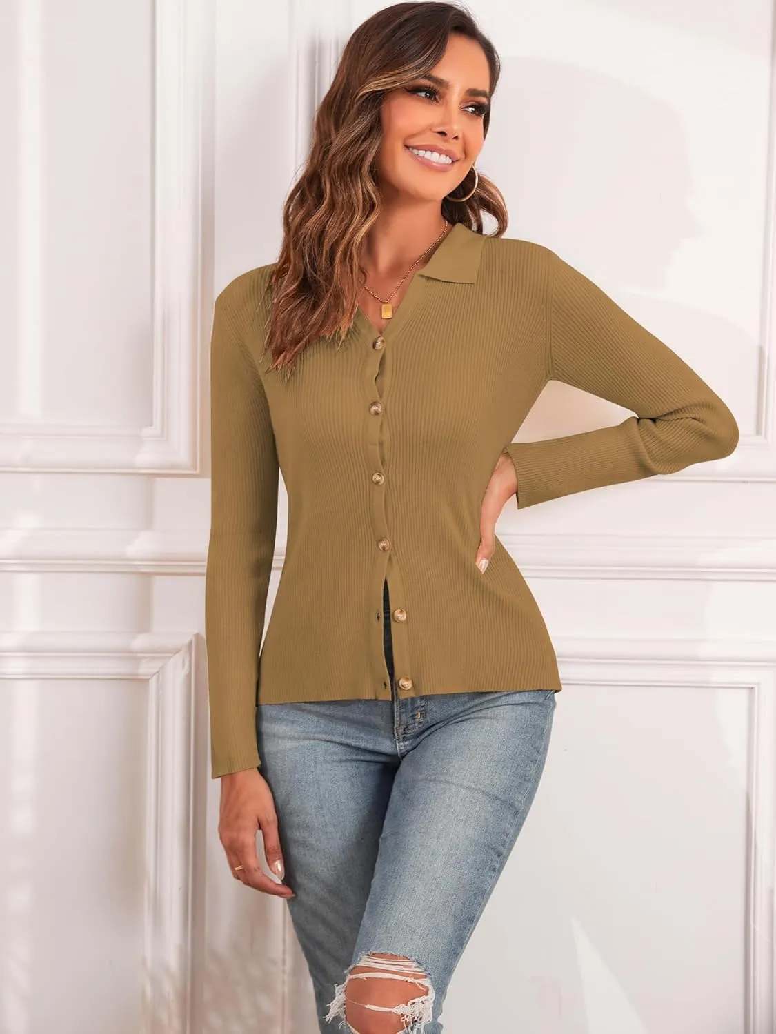 ZAFUL Women Long Sleeve Polo Sweater V Neck Button Down Ribbed Knit Cardigan Top