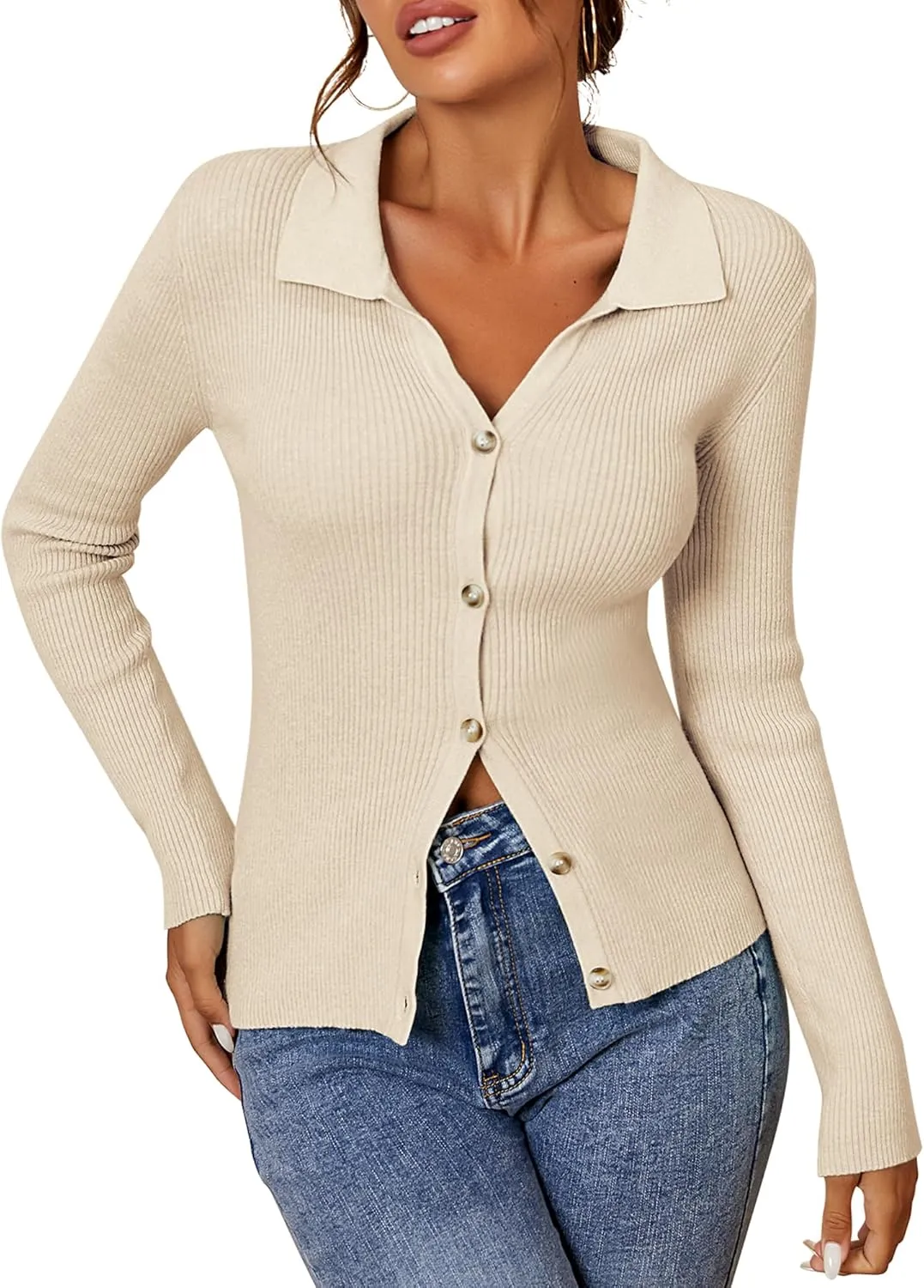 ZAFUL Women Long Sleeve Polo Sweater V Neck Button Down Ribbed Knit Cardigan Top