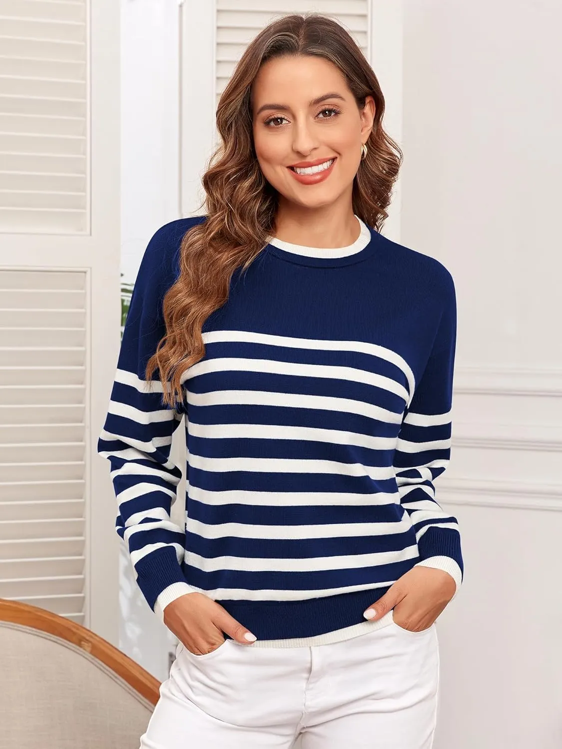 ZAFUL Women's Crewneck Sweaters Striped Colorblock Casual Pullover 2024 Fall Ribbed Knit Tops