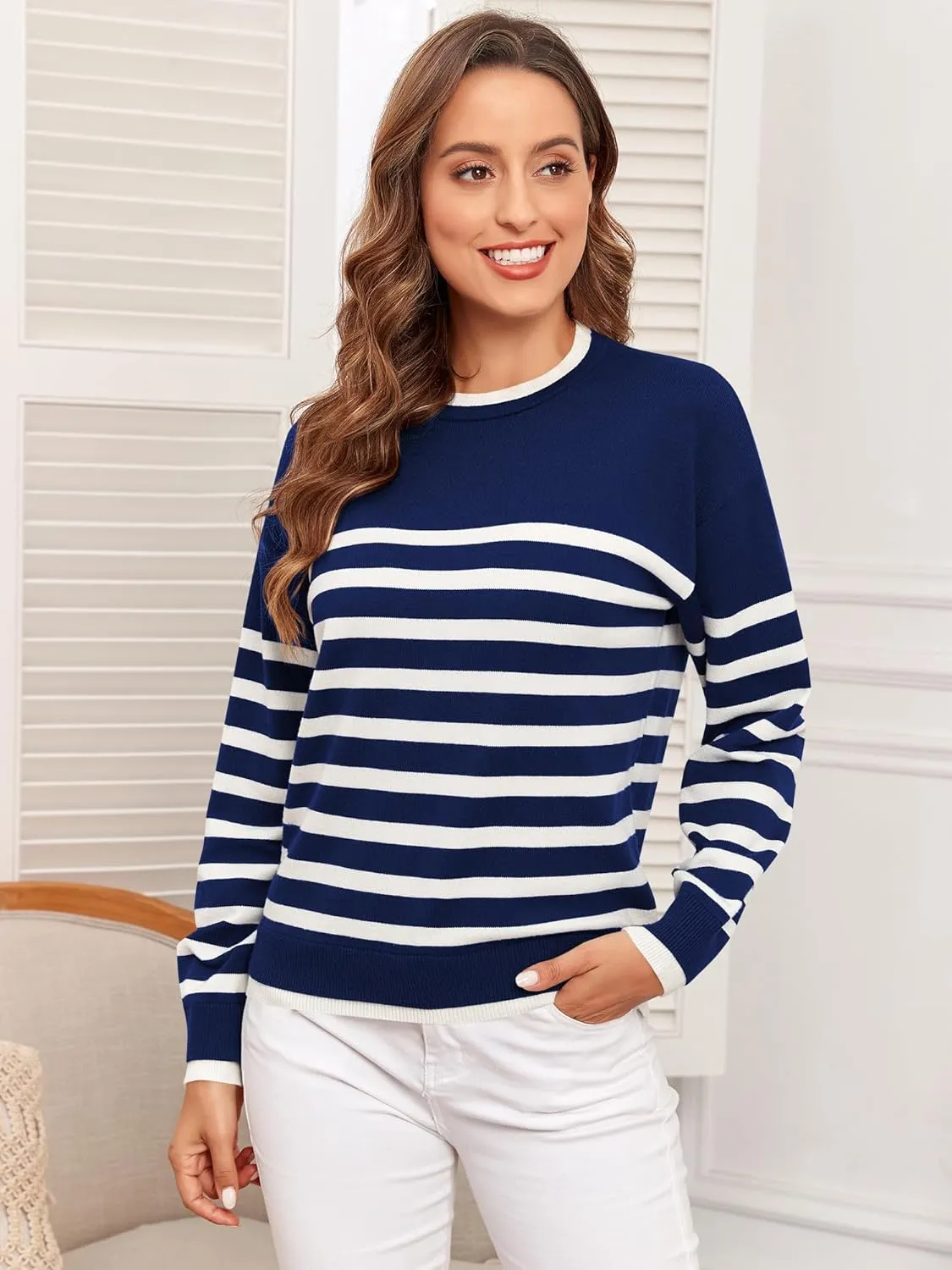 ZAFUL Women's Crewneck Sweaters Striped Colorblock Casual Pullover 2024 Fall Ribbed Knit Tops