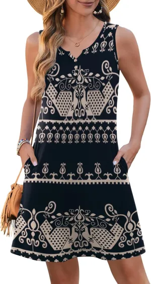 Zeagoo Womens Summer Dresses V Neck Sleeveless Sundresses Boho Beach Dress with Pockets A Line Tshirt Tank Dress