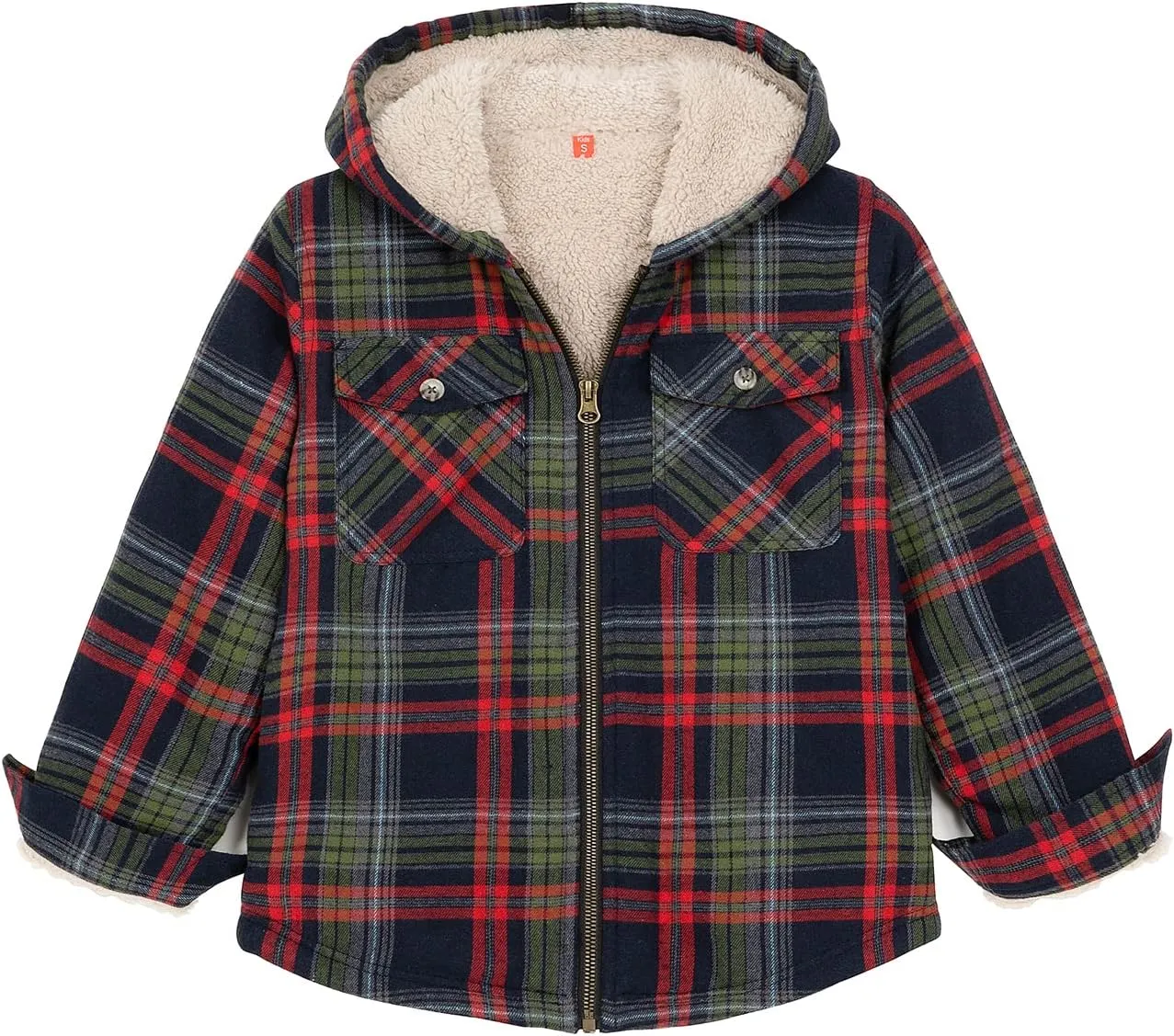 ZENTHACE Boys Sherpa Lined Full Zip Flannel Plaid Shirt Jacket,Cozy Hooded Flannel Shirt with Hand Pockets