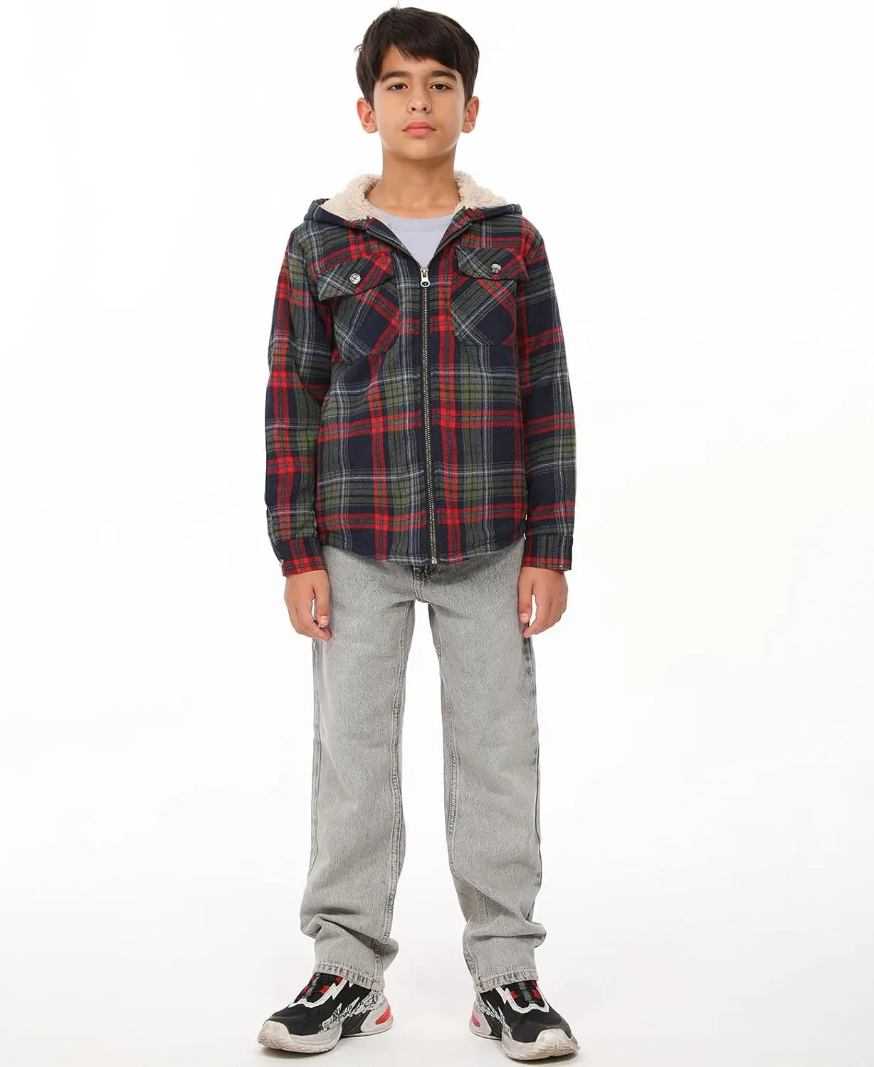 ZENTHACE Boys Sherpa Lined Full Zip Flannel Plaid Shirt Jacket,Cozy Hooded Flannel Shirt with Hand Pockets