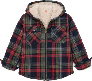 ZENTHACE Boys Sherpa Lined Full Zip Flannel Plaid Shirt Jacket,Cozy Hooded Flannel Shirt with Hand Pockets