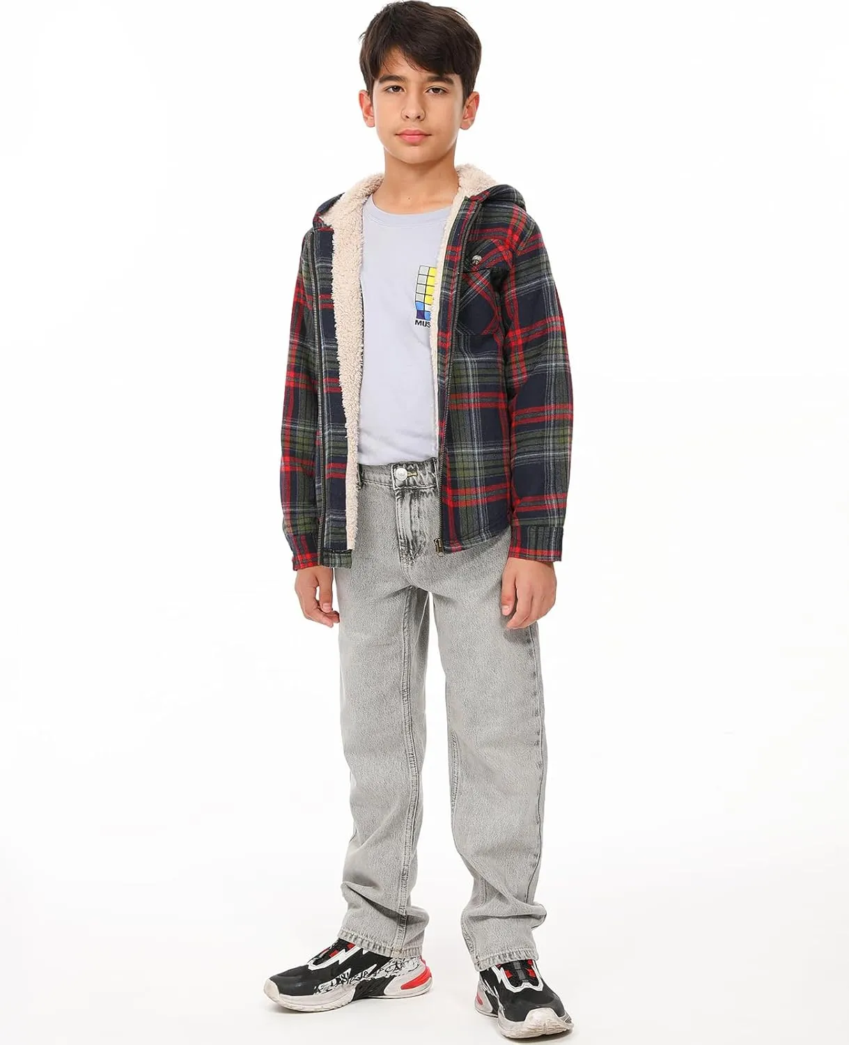 ZENTHACE Boys Sherpa Lined Full Zip Flannel Plaid Shirt Jacket,Cozy Hooded Flannel Shirt with Hand Pockets
