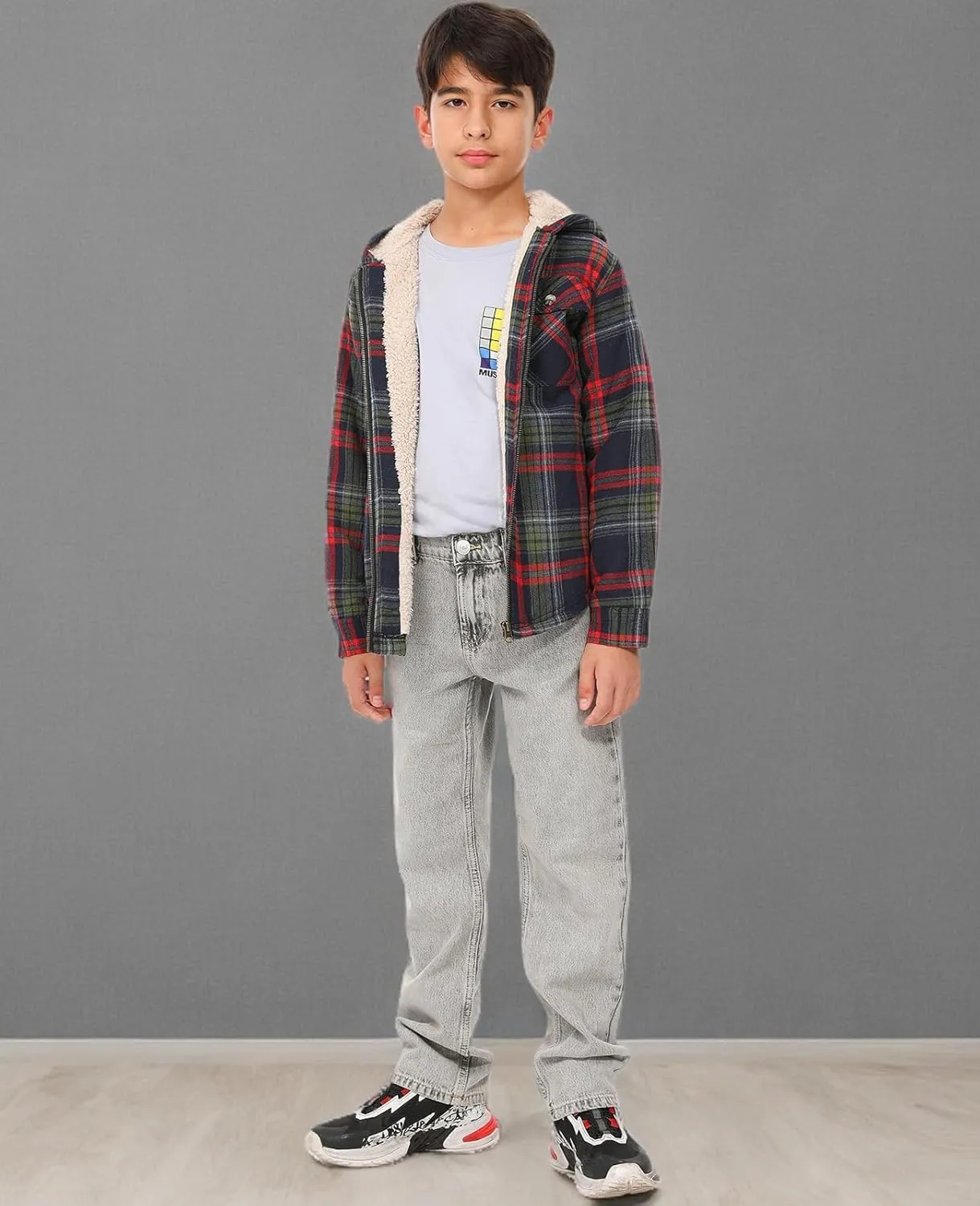 ZENTHACE Boys Sherpa Lined Full Zip Flannel Plaid Shirt Jacket,Cozy Hooded Flannel Shirt with Hand Pockets