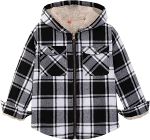 ZENTHACE Girls Sherpa Lined Full Zip Up Plaid Flannel Shirt Fuzzy Hooded Flannel Jacket with Hand Pockets
