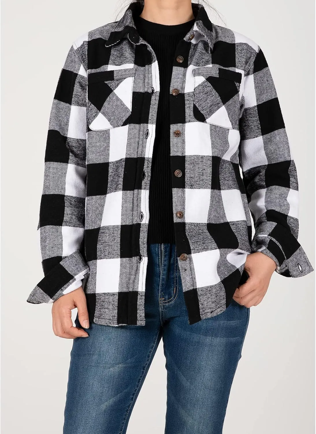 ZENTHACE Womens Sherpa Fleece Lined Flannel Jacket Button Down Plaid Flannel Shirt Jacket(All Sherpa Lining)