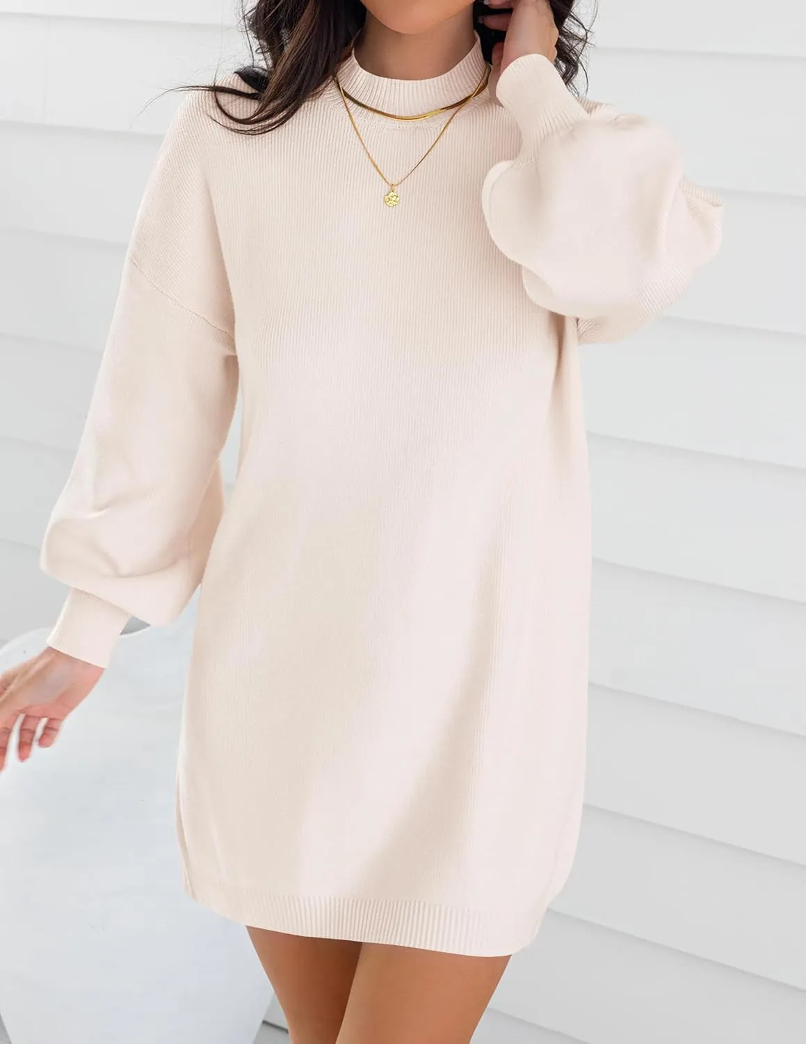ZESICA Women's Spring Turtleneck Sweaters Dress Oversized Long Lantern Sleeve Casual Knit Pullover Short Dresses