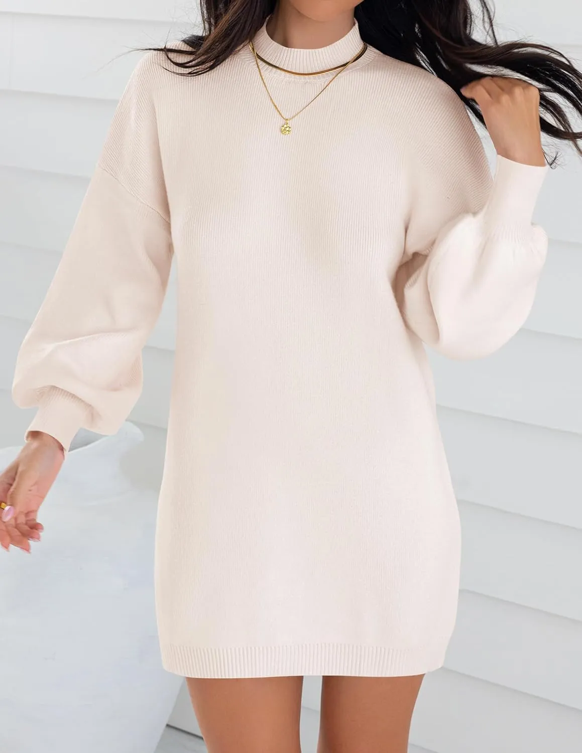 ZESICA Women's Spring Turtleneck Sweaters Dress Oversized Long Lantern Sleeve Casual Knit Pullover Short Dresses