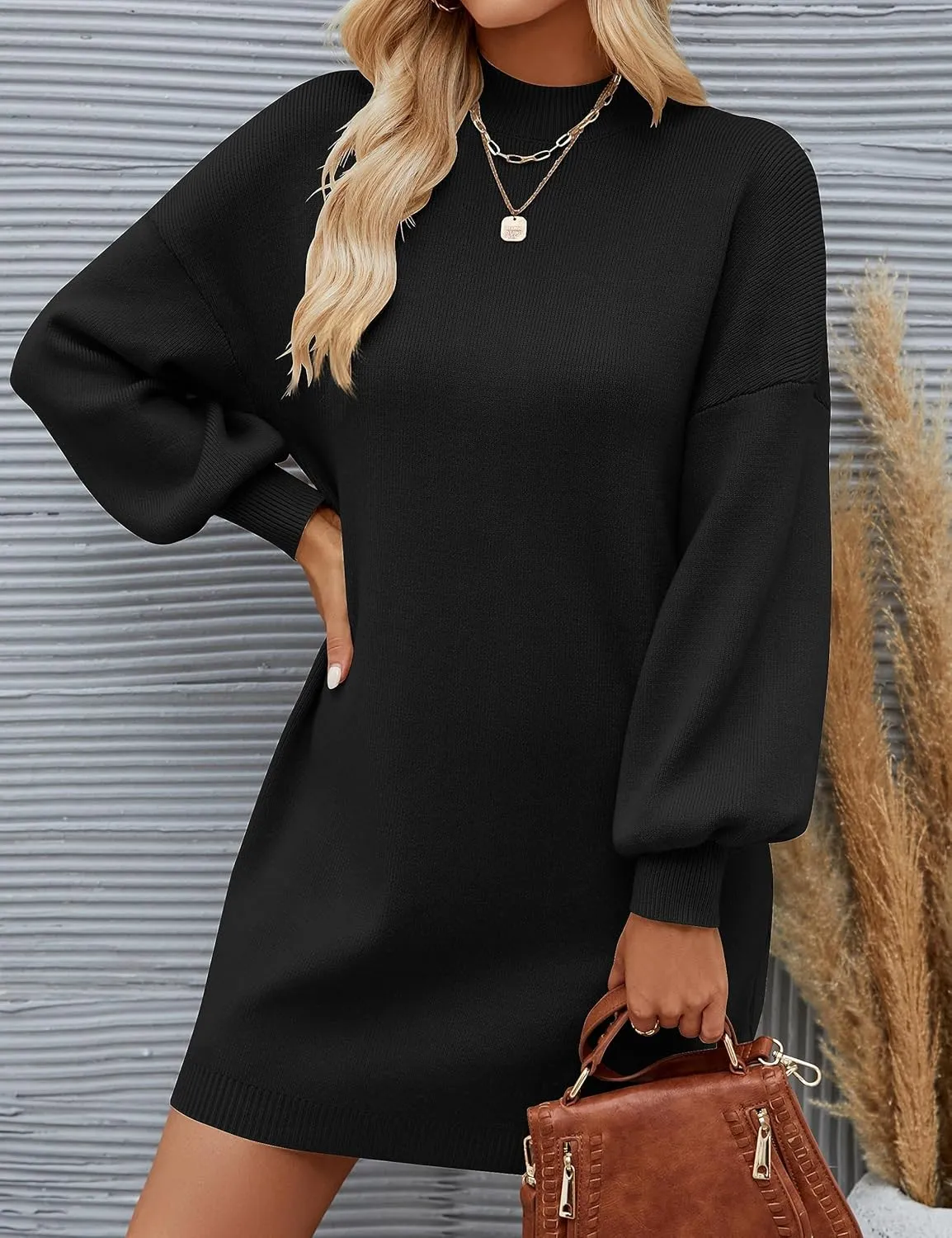 ZESICA Women's Spring Turtleneck Sweaters Dress Oversized Long Lantern Sleeve Casual Knit Pullover Short Dresses