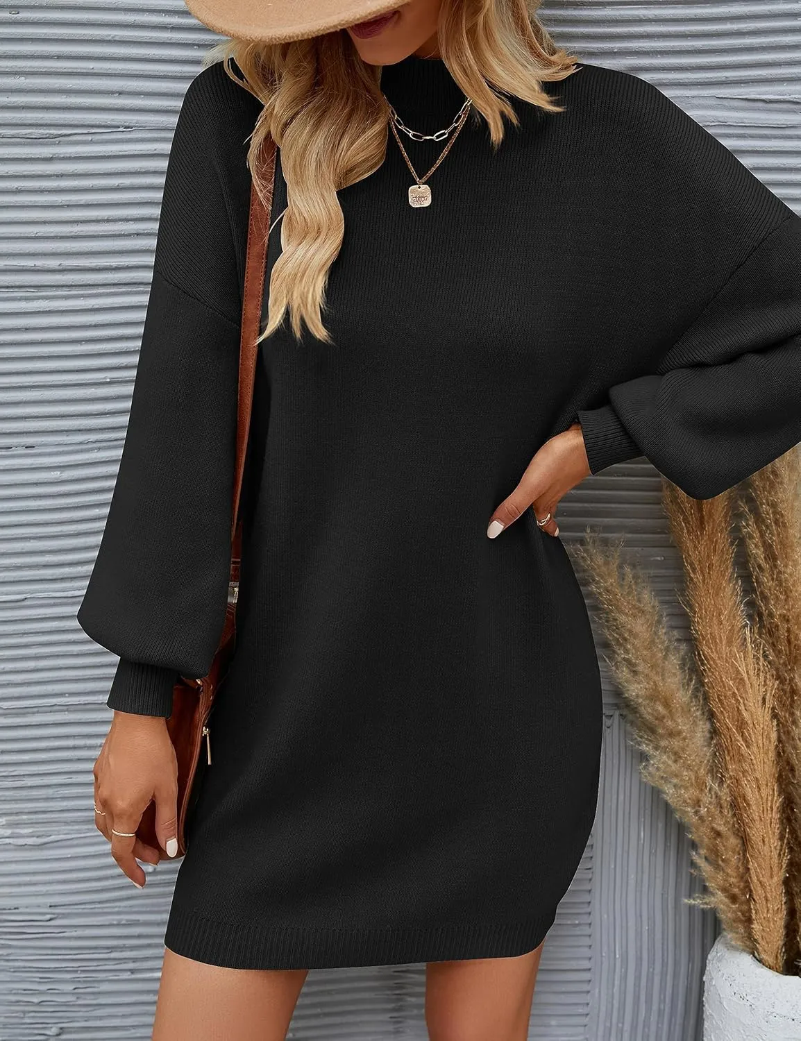 ZESICA Women's Spring Turtleneck Sweaters Dress Oversized Long Lantern Sleeve Casual Knit Pullover Short Dresses