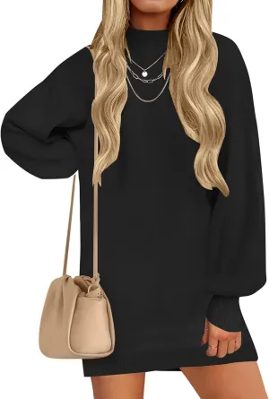 ZESICA Women's Spring Turtleneck Sweaters Dress Oversized Long Lantern Sleeve Casual Knit Pullover Short Dresses