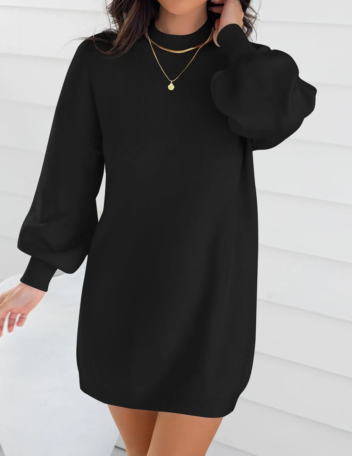 ZESICA Women's Spring Turtleneck Sweaters Dress Oversized Long Lantern Sleeve Casual Knit Pullover Short Dresses