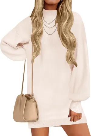 ZESICA Women's Spring Turtleneck Sweaters Dress Oversized Long Lantern Sleeve Casual Knit Pullover Short Dresses
