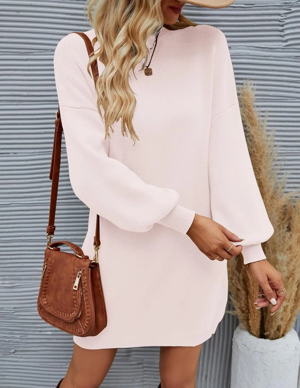 ZESICA Women's Spring Turtleneck Sweaters Dress Oversized Long Lantern Sleeve Casual Knit Pullover Short Dresses