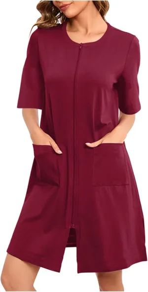 Zip Up Robes for Women 1/2 Sleeve Nightgowns Loose Comfy Sleep Dress with Pockets Casual Sleepwear Soft Housecoat
