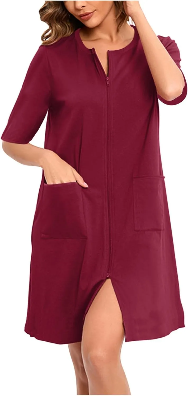 Zip Up Robes for Women 1/2 Sleeve Nightgowns Loose Comfy Sleep Dress with Pockets Casual Sleepwear Soft Housecoat