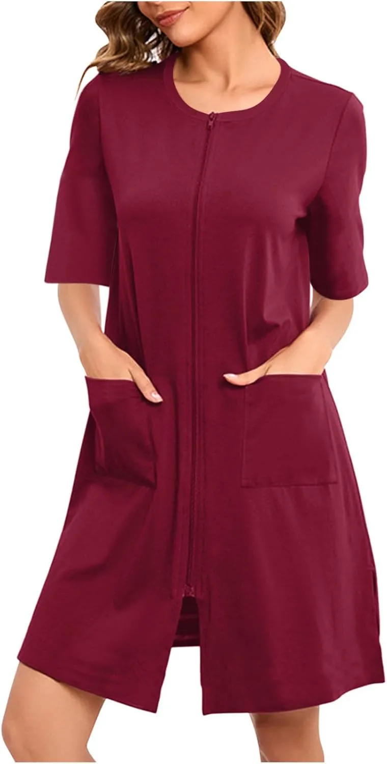 Zip Up Robes for Women 1/2 Sleeve Nightgowns Loose Comfy Sleep Dress with Pockets Casual Sleepwear Soft Housecoat