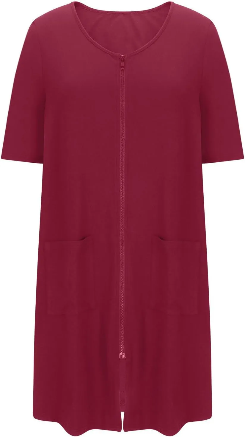 Zip Up Robes for Women 1/2 Sleeve Nightgowns Loose Comfy Sleep Dress with Pockets Casual Sleepwear Soft Housecoat