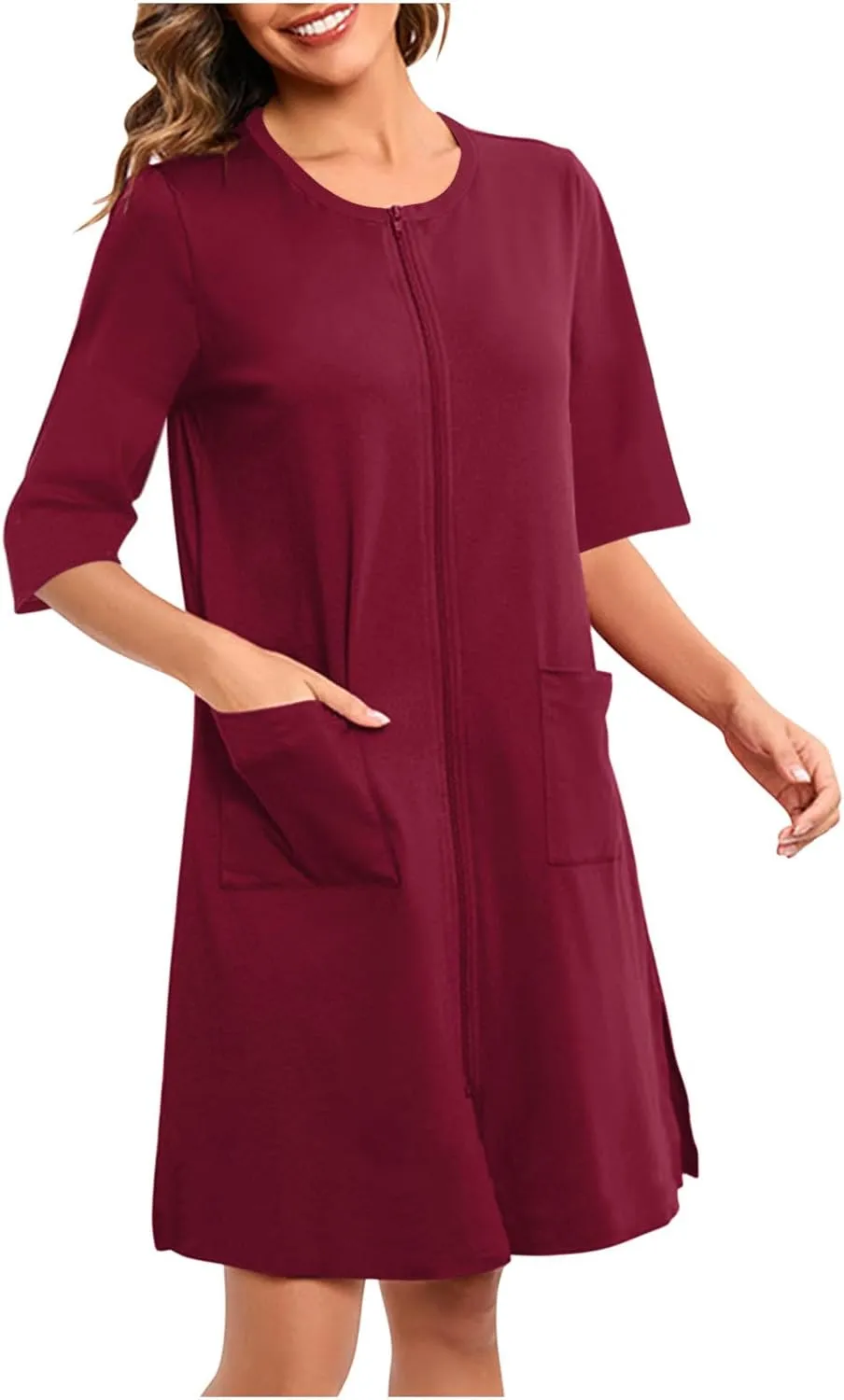 Zip Up Robes for Women 1/2 Sleeve Nightgowns Loose Comfy Sleep Dress with Pockets Casual Sleepwear Soft Housecoat