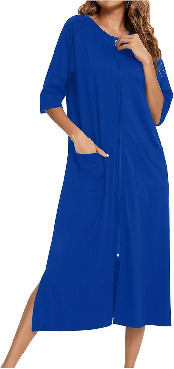 Zip Up Robes for Women 3/4 Sleeve Nightgowns with Pockets Loose Zip Front Dress Comfy Sleep Dress Soft Housecoat